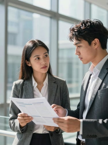 A seasoned business executive (female, diverse) in conversation with a young professional (male, diverse) in a modern, glass-walled office, both looking at a financial report, bright natural daylight, professional cool tones, shallow depth of field.