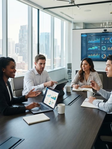 Diverse group of professional students collaborating in a modern, sunlit corporate boardroom, a large screen displaying business analytics, crisp corporate environment, natural daylight, shallow depth of field.