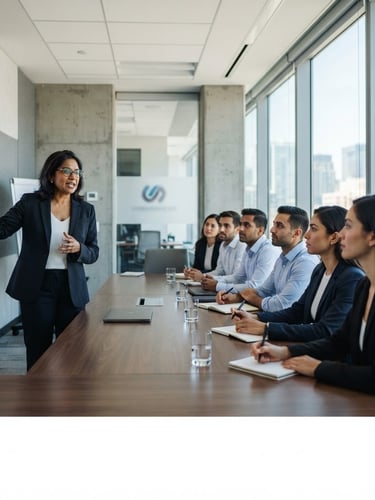 Diverse faculty member presenting a business strategy to engaged students in a modern, bright boardroom, natural daylight, crisp corporate environment, professional cool tones, shallow depth of field. Panoramic 21:9 frame, presenter off-center to the left, audience to the right, expansive modern room.