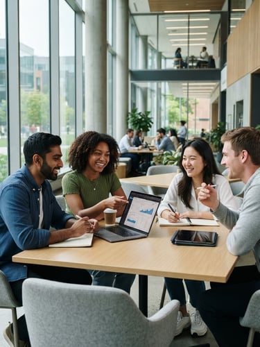 Diverse students collaborating in a modern, bright corporate campus lounge with natural daylight, crisp architectural lines, professional cool tones.
