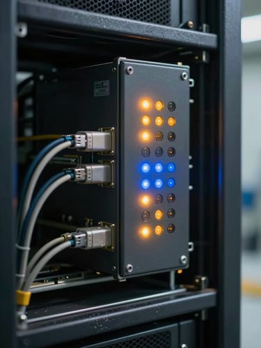 Close-up of an embedded computing unit mounted inside an open server rack panel at an operational facility, indicator LEDs in amber and blue states visible on the front panel, cables entering from the left, dim ambient light with slight tungsten warmth, no people, worn rack edges showing field use