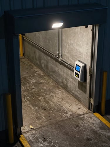 High-angle view of a loading bay service entrance at night, a proximity card reader mounted beside a steel door frame, overhead tungsten lamp illuminating worn concrete floor, cables running along the wall conduit, no personnel present, operational industrial setting