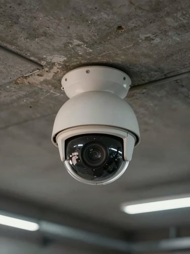High-angle close-up of a dome security camera housing mounted on a concrete warehouse ceiling, industrial lighting tubes visible in background, worn ceiling panels showing operational age, mixed tungsten and ambient overhead light, wide portrait crop with generous negative space above the camera