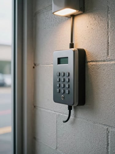 Close-up of a modern access control keypad reader installed flush on a painted cinderblock wall beside an operational warehouse doorway, wiring running neatly into wall conduit, overhead ambient tungsten light mixing with daylight through the open door frame, worn concrete floor at base, no people present
