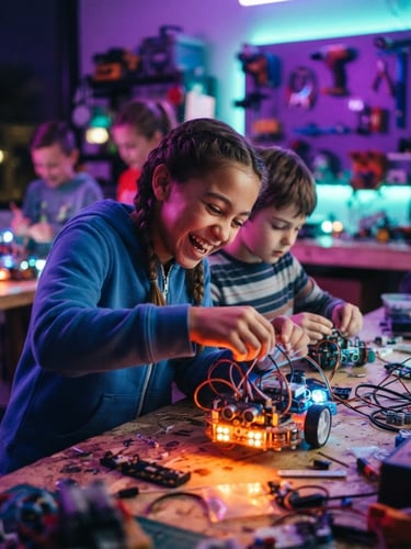 Low-angle dynamic shot of children building robots with glowing LED components in a high-energy makerspace, vibrant purple and aqua ambient light, shallow depth of field, 35mm lens