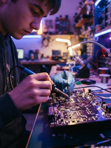 Dynamic close-up of hands-on work, a teenager soldering a custom circuit board with glowing purple and blue LED ambient lights in a community makerspace, shallow depth of field, 35mm lens