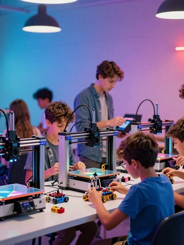 A bustling community makerspace with 3D printers active, children and adults collaborating on a robotics project under colorful LED studio lighting