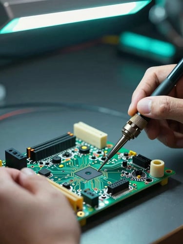 Close-up of hands soldering a colorful circuit board under bright workbench lights, deep graphite background with aqua neon glow.