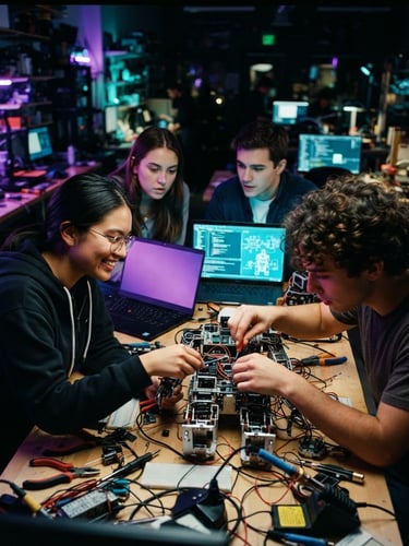 Vibrant low-angle shot of young adults collaborating on a robotics project in a high-tech makerspace, illuminated by electric purple and aqua blue screen glow, dynamic 35mm documentary style.