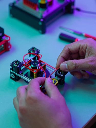 Dynamic close-up of hands assembling a robotics kit on a workbench, vibrant aqua and purple ambient neon lighting, shallow depth of field, 35mm lens.