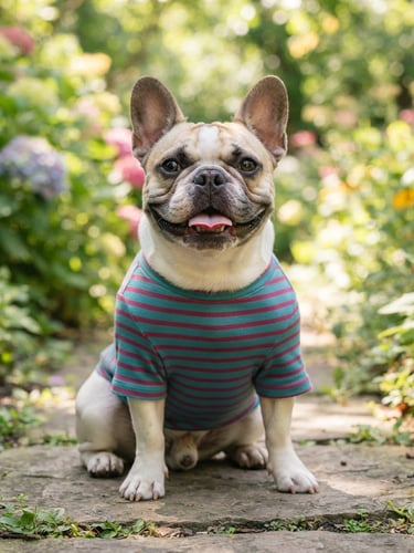 A happy French Bulldog wearing a perfectly fitted colorful teal and berry striped cotton shirt, sitting outdoors in soft natural daylight, eye-level shot