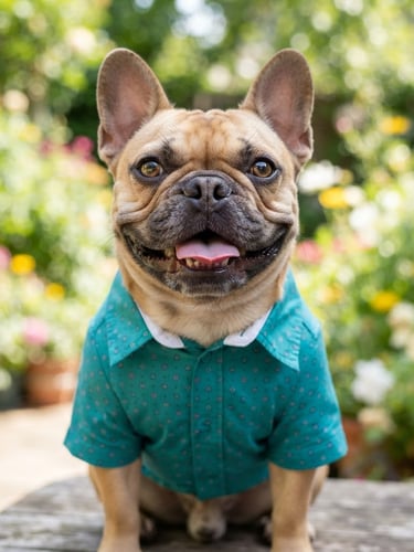 Bright eye-level portrait of a happy French Bulldog wearing a colorful teal tailored shirt, natural daylight, soft background, cheerful expression