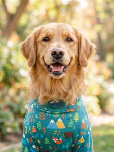 Bright eye-level portrait of a happy golden retriever wearing a colorful custom-fit teal shirt, soft natural daylight, warm inviting background.