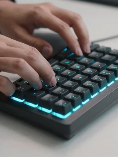 Close-up macro shot of hands on a mechanical keyboard, illuminated by cool cyan screen light, clean desk setup, high contrast.