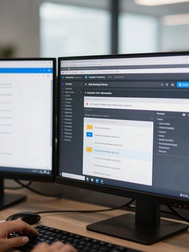 A close-up high-contrast shot of a clean dual-monitor setup showing active CRM routing pipelines and automated email marketing campaigns, cool bright office light