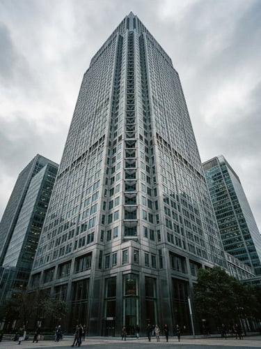 Wide panoramic architectural detail of 1 Canada Square, Canary Wharf, London, seen from a low angle, cool overcast London daylight, sharp shadows, high-contrast, desaturated corporate tones, 35mm film photography, structural elements emphasized.