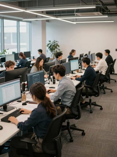 Wide shot of an open-plan office team floor during the workday, rows of desks with monitors active, team members seated and typing or reviewing documents, natural window light from the left, overhead office fixtures, no one looking at camera