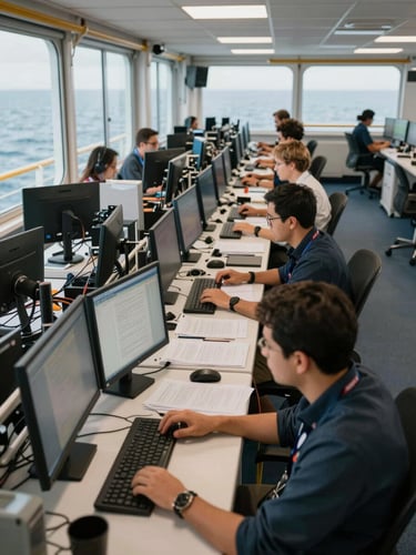 Wide medium shot of an open-plan offshore operations floor, rows of team members at dual monitors reviewing documents and typing, natural window light from the left side, daytime, heads-to-waist framing showing structured work in progress