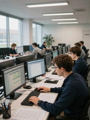 Wide shot of a team operations floor, rows of desks with monitors showing dashboards and spreadsheets, team members at work typing and reviewing printed documents, natural daylight from large windows along the left wall, overhead fluorescent fixtures, no one looking at camera