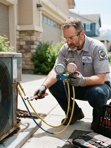 NATE-certified technician diagnosing an outdoor AC condenser unit in a Westminster residential driveway under bright Colorado daylight, focused on the gauge, clean tools visible