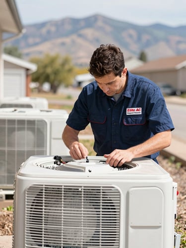 NATE-certified technician in Elite AC Repair Westminster uniform, focused on diagnosing components of an outdoor AC unit, residential setting, bright Colorado daylight, shallow depth of field, 35mm
