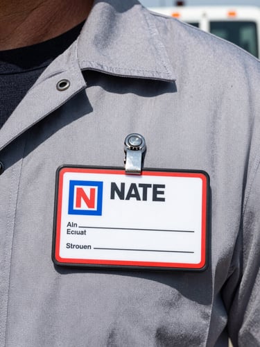 Close-up of a NATE certification badge pinned to a technician's uniform, with a blurred background of tools and a service truck, bright natural daylight