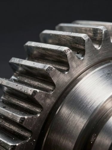 Macro close-up of machined steel gear teeth with precise tolerances, cool-toned industrial studio lighting, high contrast, dark background