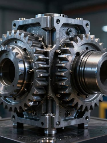 High-fidelity CAD assembly of a complex tractor gearbox with detailed gear teeth interfaces, illuminated by cool-toned technical studio lighting