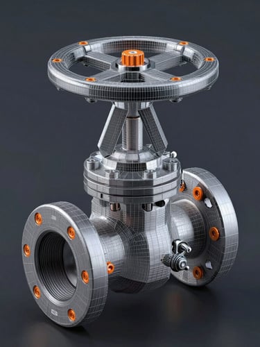 Isometric CAD assembly of a high-pressure industrial ball valve, wireframe overlay, dark slate background, safety orange highlights, cool studio lighting.