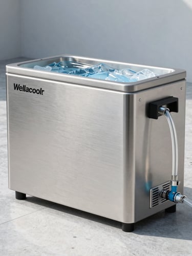 Sleek brushed steel Wellacooler water chiller unit on a minimalist concrete deck, crisp morning light reflecting off clean water tubes, sharp focus, 50mm lens