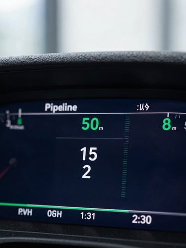 Macro shot of a high-contrast digital dashboard showing positive pipeline metrics, sharp lines, cool natural office lighting, shallow depth of field