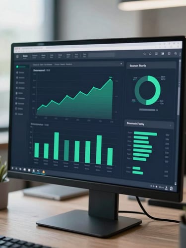 Crisp editorial photography of a high-resolution analytics dashboard on a monitor, shallow depth of field, cool natural office light, deep navy and emerald tones, 35mm lens