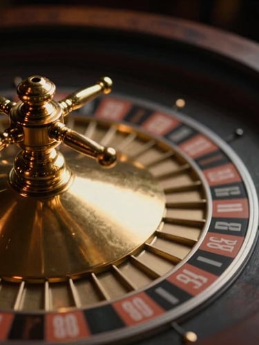 Macro shot of a spinning roulette wheel with elegant golden motion blur, light reflections on dark wood, high-contrast chiaroscuro, 35mm film style.