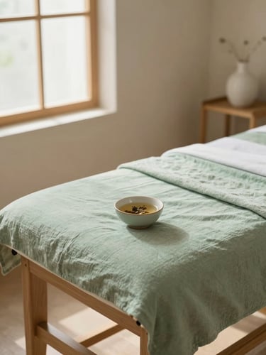 Serene minimalist treatment room with a wooden massage table, soft sage green linen, a small ceramic bowl with herbal tea, warm natural daylight streaming through a window