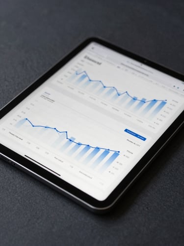 Portrait orientation close-up of a modern analytical dashboard on a tablet, clean line charts, dark slate background, soft natural side light