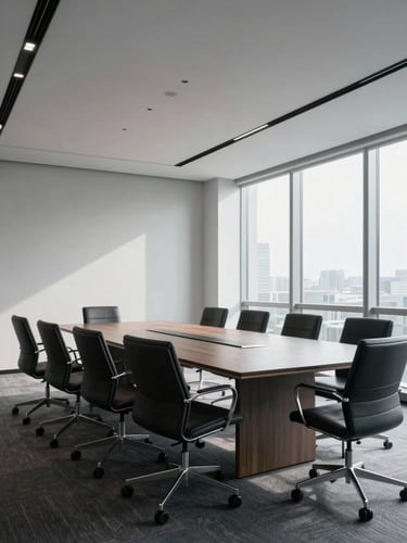 Wide angle shot of a clean, minimalist corporate boardroom, sharp architectural lines, natural cold light, no people, professional atmosphere