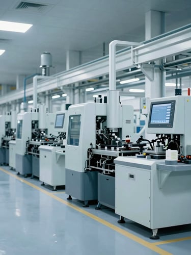 Wide shot of a modern, clean factory floor with machinery, cool industrial lighting, desaturated corporate blue tones, 35mm.