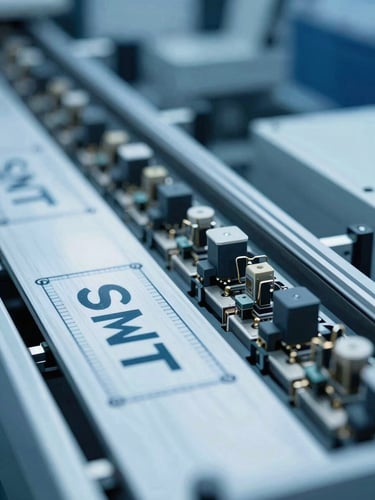 Close-up of a technical schematic for an SMT production line, cool industrial lighting, sharp focus on components, desaturated corporate blue tones.