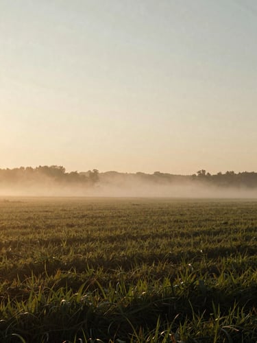 A quiet Ohio landscape at dawn, soft mist rising off a field, calm and serene, warm overcast daylight, 35mm film feel.