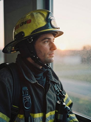 A quiet, reflective portrait of an Ohio first responder looking out a window during golden hour, soft focus, authentic 35mm film feel.