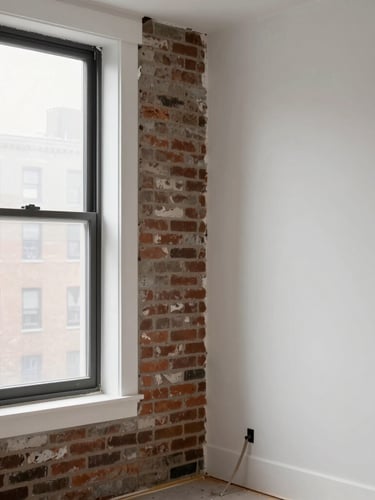 Crisp editorial photography of a clean residential interior renovation in progress, natural light streaming through a tall window, exposed brick wall paired with freshly painted white molding, sharp focus on architectural textures.