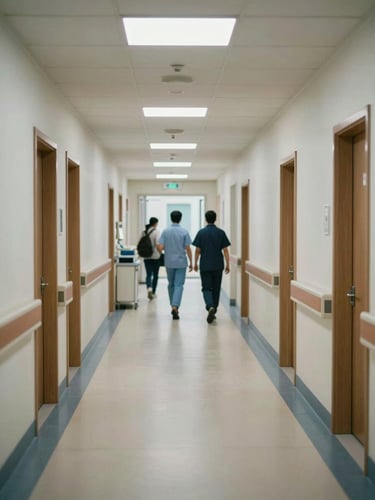 Wide shot of a hospital corridor during operational hours, staff moving in the background, practical overhead lighting, institutional scale visible, no posed figures, environmental documentary framing