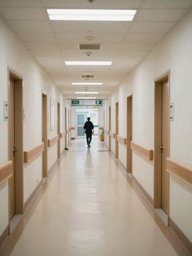Wide institutional corridor of a mid-sized hospital during working hours, natural fluorescent overhead light, a blurred figure walking away in the distance, clinical wall panels and signage visible, environmental scale evident, no posed subjects