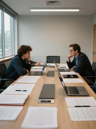 Wide-angle view of a conference room mid-session, papers and laptops open on a long table, natural window light from the left, two people leaning over documents in conversation, institutional setting, no posed expressions