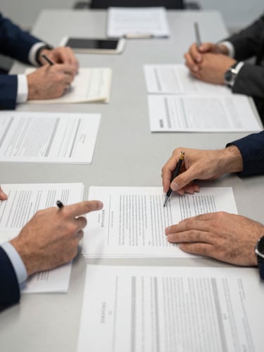 Close environmental shot inside a conference room during a working session — documents and printed data spread across a long table, two pairs of hands gesturing over a marked-up page, institutional overhead lighting, no faces visible, the texture of active advisory work