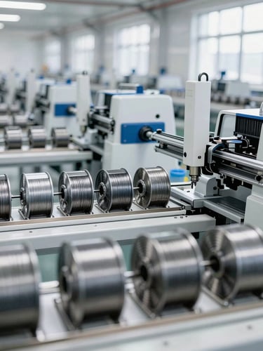 Wide-angle factory floor showing high-speed automated nail-making machines, bright clean industrial daylight, rows of steel wire coils.