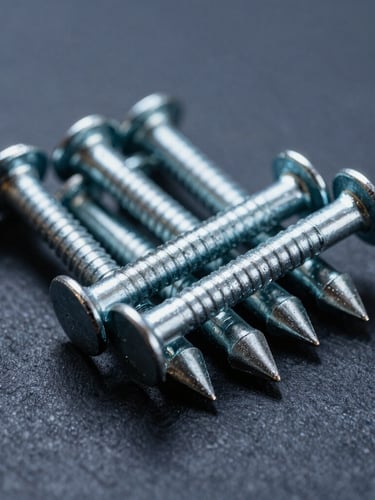 Sharp macro shot of galvanized coil nails, high-contrast industrial studio lighting, metallic steel textures, deep blue shadows.