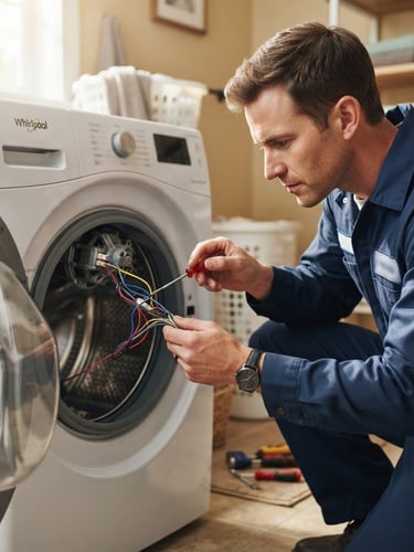 A professional technician in a clean blue uniform carefully inspecting the wiring of a washing machine drum, bright natural home lighting, medium close-up.