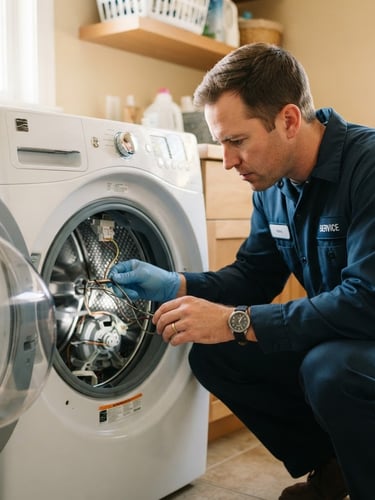 A professional technician in a clean blue uniform diagnosing a washing machine drum, bright natural home lighting, realistic warm tones, medium close-up of hands-on technical work