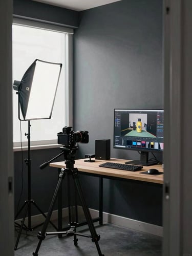 Environmental shot of a creator studio from the doorway, a wide desk filling the right two-thirds of the frame with a monitor showing paused review footage, a camera on a tripod aimed at a product on a stand, LED panel light standing to the left, natural window light cutting across the back wall, charcoal walls, no people present, precise and technical atmosphere